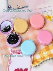 Round Mini Air Cushion Comb, Mini Portable Hairdressing Comb, Foldable Hair Comb With Makeup Mirror, Suitable For Travel Home Outgoing Use - Multicolor - View 2