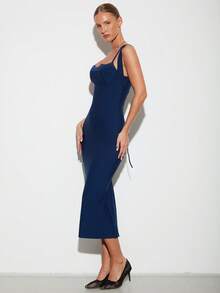 Nuvra Alluring Push-Up Tummy Control Lace Trim Elegant Blue Bodycon Sleeveless Criss-Cross Strap Knit Bandage Dress For Women - Blue - View 4