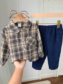 2pcs/Set Baby Boy Plaid Collar Casual Shirt & Elastic Waist Pants Set Baby Set Autumn Winter Season Baby Boys Outfit Baby Boy Plaid Outfit Baby Boy Fall Winter Babyboy Outifts - Multicolor - View 7