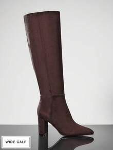 SHUZIA Bốt cao đến đầu gối giả da lộn mũi vuông cổ rộng dành cho nữ - Cà phê nâu - Xem 2