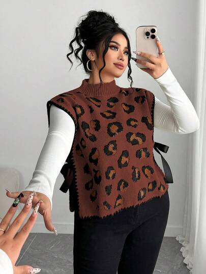 Elenzga Chaleco de punto holgado sin mangas con lazo y estampado de leopardo para mujer, talla grande, adecuado para ropa de exterior de otoño/invierno