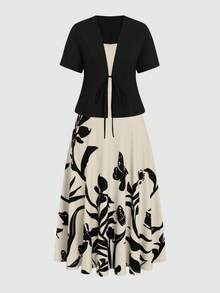 SHEIN Clasi Bộ đồ lót liền thân cạp chun cỡ lớn có viền ô và áo khoác cardigan tay ngắn - Đen và trắng - Xem 6