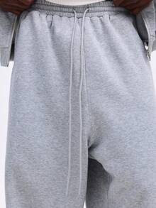 SUMWON Conjunto de sudadera con capucha con cremallera y pantalón de pierna ancha de felpa jaspeada con bolsillo central - Gris - Ver 7