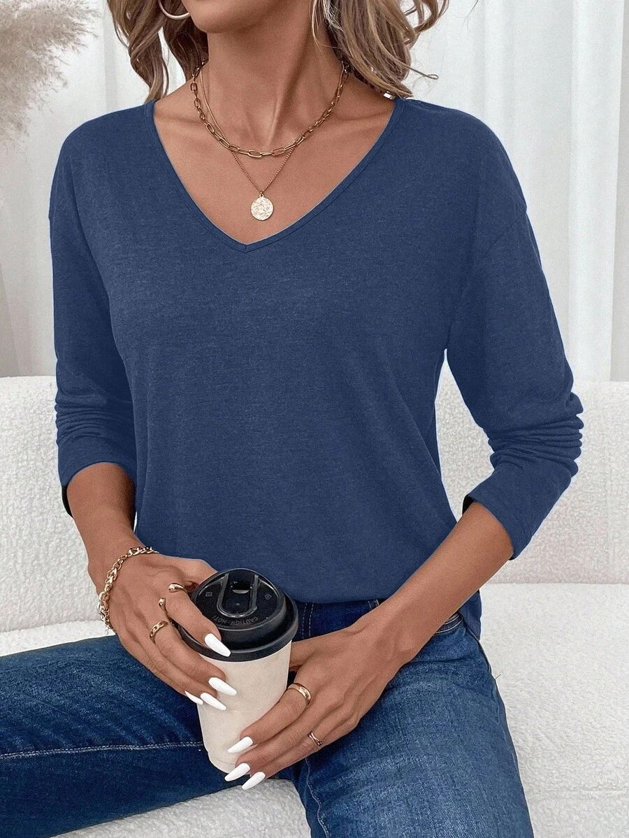 SHEIN LUNE Áo thun dài tay cổ chữ V màu trơn dáng casual dành cho nữ, đa năng, thích hợp mặc nhiều lớp và hàng ngày, phù hợp cho mùa thu/đông. - Màu xanh lam - Xem 1