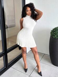 Alexandranx Minimalist Stand Collar Sleeveless A-Line Mini Ribbed Knit Dress For Women,Fall - White - View 7