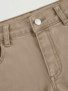 SHEIN MOD Chân váy denim mini túi xéo màu trơn đơn giản dành cho nữ, mùa hè - Màu Khaki - Xem 3