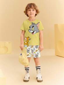 TOM & JERRY X SHEIN Young Boy Cartoon Pattern Round Neck Short Sleeve T-Shirt And Shorts Set, Summer - White - View 4