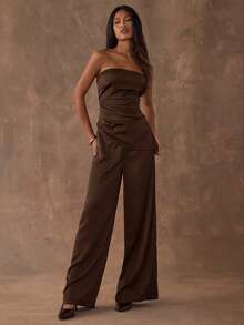 SHEIN BAE 1 Set Solid Color Asymmetric Hem Sleeveless Crop Top And Wide Leg Pants - Coffee Brown - View 2