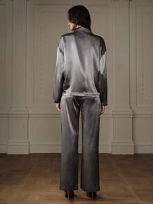 Revavyn Conjunto de camisa y pantalones con cuello de traje de moda para mujer (2 piezas) - Gris - Ver 2