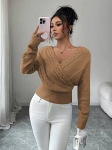 SHEIN Elenzya 女士优雅交叉V领露背毛衣，秋冬款 - 薑色 - 查看 6