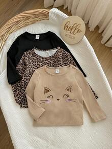 3pcs/Set Cute Baby Girls Knitted Long Sleeve Tops, Versatile For Autumn/Winter - Multicolor - View 1