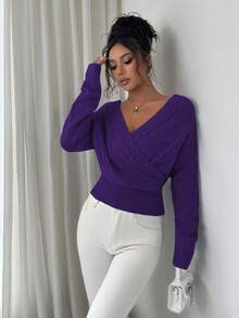 SHEIN Elenzya 女士V领纯色交叉裹身长袖露背短款针织毛衣 - 紫色 - 查看 6