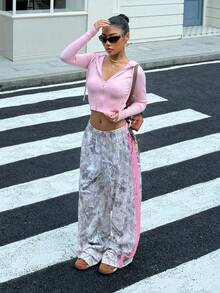 SHEIN Tween Girls Grey Leaf Print Patchwork Drawstring Sweatpants