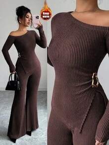 Elenzga 女士时尚休闲两件套，不对称肩部下摆褶皱金属装饰长袖罗纹修身T恤 + 罗纹修身喇叭裤 - 巧克力棕 - 查看 1