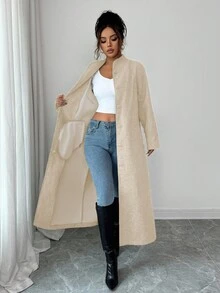 SHEIN Elenzya 女士加厚面料立领插肩袖腰部抽绳设计优雅教师/学生外套，生日礼物、约会、派对、独立日、网络星期一、万圣节、双十一、返校派对 - 杏色 - 查看 7
