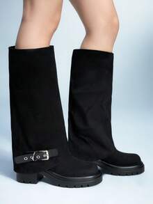 Sugerpunk 女士可调节搭扣粗跟高跟过膝长靴，时尚通勤两相宜。 - 黑色 - 查看 1