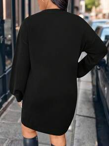 EMERY ROSE 大码女式纯色针织激光串珠刺绣休闲优雅毛衣连衣裙，适合圣诞节、返校季、浪漫假期、办公穿着 - 黑色 - 查看 2