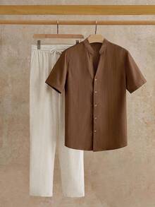 HIMLAND 男士休闲梭织染色提花波浪图案V领亚麻短袖衬衫套装（2件/套）