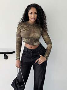 Alexandranx Top de malla de manga larga con estampado mixto de animales sexy para salir, festivales, fiestas, vacaciones en Ibiza, otoño, Halloween, invierno - Verde Oscuro - Ver 1