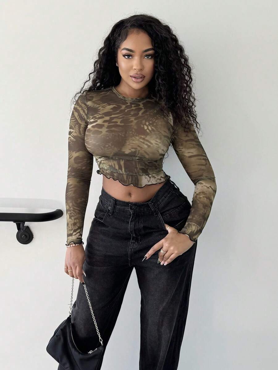 Alexandranx Top de malla de manga larga con estampado mixto de animales sexy para salir, festivales, fiestas, vacaciones en Ibiza, otoño, Halloween, invierno - Verde Oscuro - Ver 1