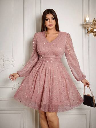 Roveilla Plus Size Women's Sequin Ruched Long Sleeve Pink Valentine's Day Dress, Party Sparkle Dress Lantern Sleeve Dress Long Sleeve Elegant Dress Elegant Dress Shimmer Dress Celestial Dress