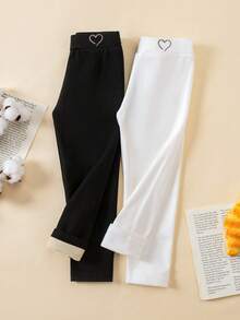 Genkimix Kids 2pcs Girls Leggings With Embroidered Bow Pattern, Velvet Lining, Suitable For Casual Daily Wear, Autumn/Winter - Multicolor - View 1