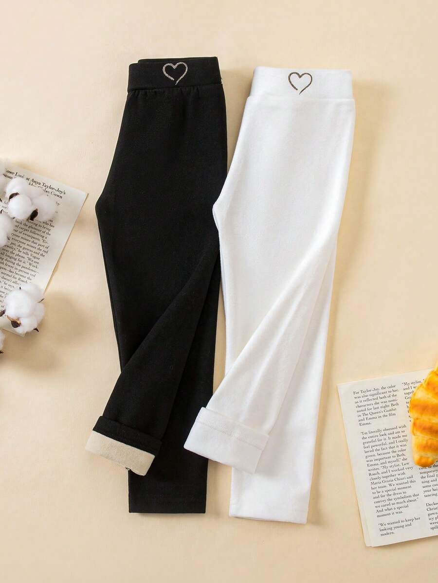 Genkimix Kids 2pcs Girls Leggings With Embroidered Bow Pattern, Velvet Lining, Suitable For Casual Daily Wear, Autumn/Winter - Multicolor - View 1