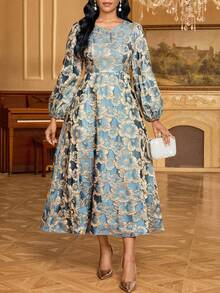 SHEIN Lady 女士优雅提花圆领灯笼袖连衣裙，秋季 - 金色 - 查看 6