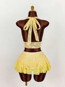 Amplova 女士蕾丝吊带两件套，性感黄色蕾丝裙搭配露背上衣 - 黃色 - 查看 2