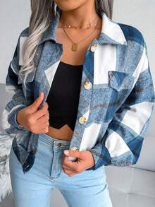 Chamarra ligera para Mujer, Chaqueta De Cuadros De Manga Larga Para Mujer,Chamarra Corta De Pana Da Dama,Chaquetas De Chamarra De Un Solo Botonadura,Cómoda y Cálida Chaqueta Clásica A Cuadros - Azul - Ver 3