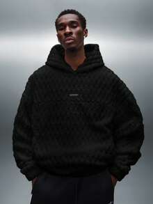 PLAYBOY X SUMWON Oversized Textured Plush Hoodie With Hexagon Pattern For Winter Comfort And Style - Black - View 4