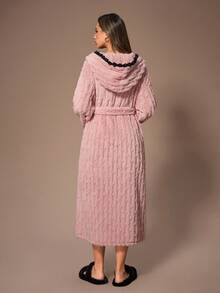 SHEIN Contrast Color Pom Pom Hooded Jacquard Fleece Women Robe Robes For Women Fluffy Fuzzy Robe Robe Set Women Robes For Women Winter Bath Robes For Women - Pink - View 2