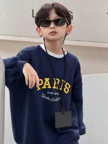 DAZY Tween Boy Letter Embroidery Round Neck Drop Shoulder Long Sleeve Casual Loose Sweatshirt, Autumn/Winter - Navy Blue - View 5