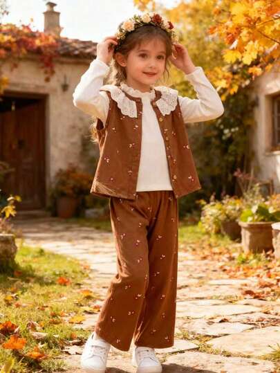 Genkimix Kids 3 st. enfärgad bodysuit med volangkrage och blommig krage + linne med knappar framtill för unga flickor + byxor med raka ben och blommönster