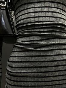 StreetHx 女士休闲条纹V领长袖短裙 - 灰色 - 查看 5