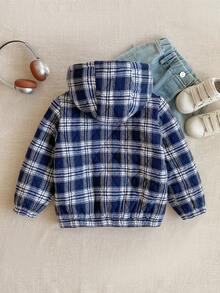 PrepCrw 1pc Boys' Elegant School Style Casual Urban Blue & White Plaid Hooded Long Sleeve Cotton Jacket, Suitable For Outings, Gatherings, Back To School, Winter,Fall Clothes For Kids ,Winterclothes For Kids,Holiday