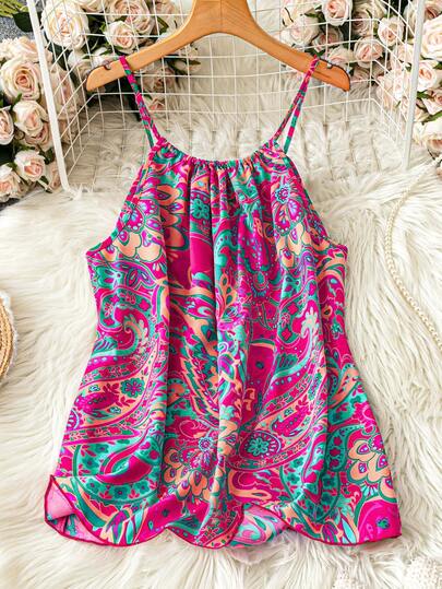 SHEIN LUNE Débardeur ample décontracté à imprimé de plantes tropicales pour femmes en surpoids, pour des tenues de vacances et de voyage à l'aéroport