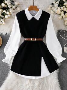 INAWLY Plus Size Women Contrast Color Long Sleeve Sweater Vest - Black - View 1