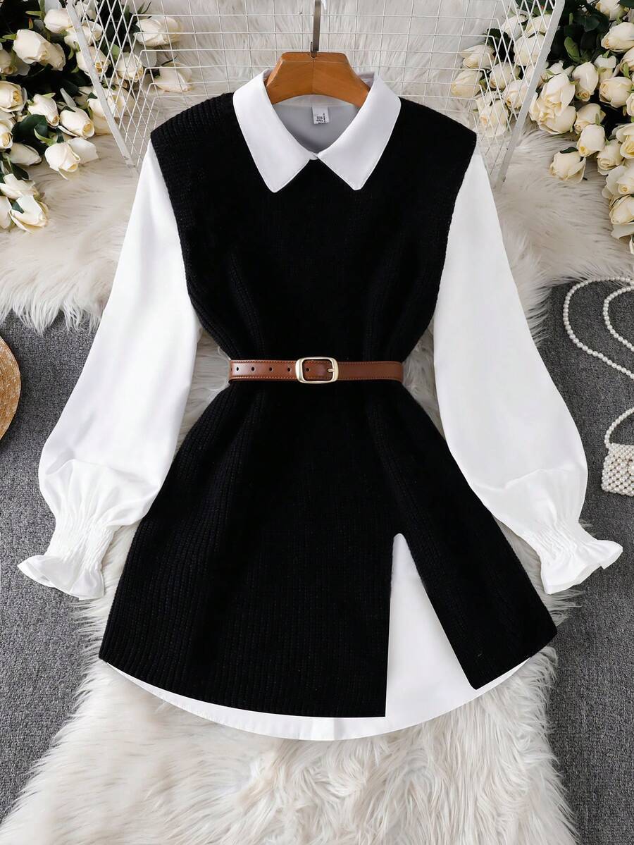 INAWLY Plus Size Women Contrast Color Long Sleeve Sweater Vest - Black - View 1