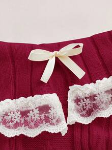 ROMWE Kawaii Lace Patchwork Bow Decor Red Long Sleeve Pullover Sweater - Burgundy - View 3