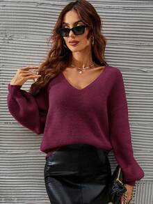 SHEIN Frenchy 女士纯色V领落肩长袖宽松套头毛衣，秋冬款 - 玫瑰紅 - 查看 6