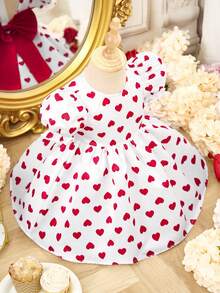 Elegant And Adorable White Polka Dot Dress With Heart And Butterfly Embellishments, Baby Girl Style, Valentine's Day Heart Design, 3D Bow Puff Sleeve Dress, Elegant White Dress With Heart Motifs, Graceful And Cute. - Multicolor - View 9