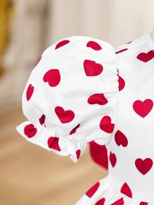 Elegant And Adorable White Polka Dot Dress With Heart And Butterfly Embellishments, Baby Girl Style, Valentine's Day Heart Design, 3D Bow Puff Sleeve Dress, Elegant White Dress With Heart Motifs, Graceful And Cute. - Multicolor - View 6