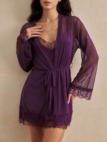 Charlaine Women Lace Patchwork Camisole Nightgown And Robe Sexy Lingerie Set - Purple - View 2