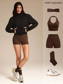 GLOWMODE 抓绒舒适柔软罗纹袖口下摆带拇指孔可拆卸帽子短款拉链卫衣，适合日常休闲穿着，秋冬季 - 黑色 - 查看 7