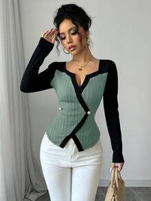 Elenzga 女士时尚优雅休闲T恤，长袖撞色拼接钥匙孔领口，镂空领，A字不对称下摆，仿纽扣设计，杏色提花和黑色针织图案T恤，春季女装上衣 - 彩色 - 查看 6