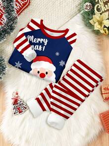 SHEIN Baby Boy Christmas Sleepwear Set,Cute Santa Reindeer Patterns Long Sleeve Top And Pants,Snug Fit Red And White Stripe Autumn Night Pajamas For Kids - Multicolor - View 2