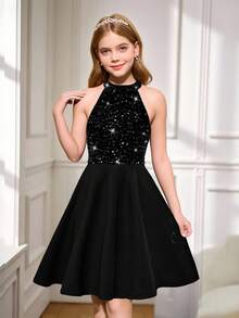 SHEIN Tween Girl Casual Everyday Elegant Beaded Knit Halter Waist A-Line Dress, Girls Black Dress, Suitable For Christmas, New Year, Birthday Party, Sibling Outfits Matching Outfits Girls Luxury Dress Black Party Dress - Black - View 6