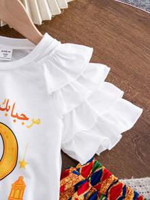 Abaya 2件組少女卡通印花圓領短袖上衣與滿版印花裙套裝，少女兩件式夏季女童套裝 - 彩色 - 查看 5