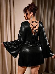 Cravure Váy ngắn chữ A tay chuông cổ tròn màu trơn gợi cảm, hàng mới về cho nữ mùa xuân/thu, thời trang quyến rũ, thích hợp cho tiệc tùng, bữa tối trang trọng, hẹn hò, tiệc cocktail - màu đen - Xem 2